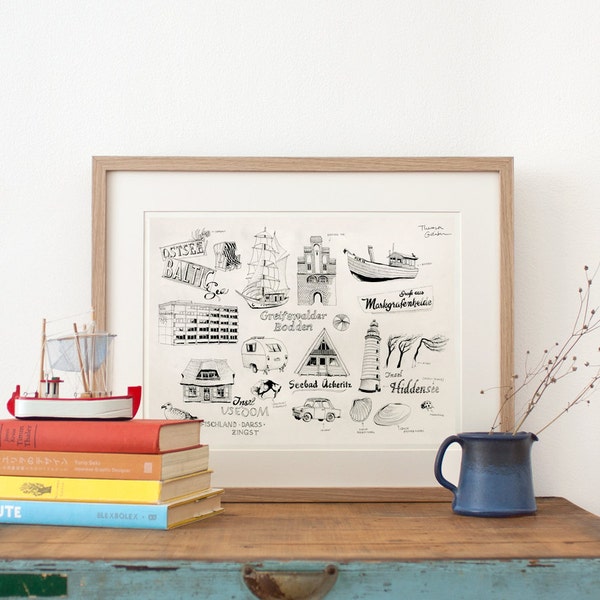 Dessin Souvenirs de la mer Baltique, impression d'art, illustration maritime, décoration nautique de voyage, en noir et blanc, nordique, nouvelle boutique allemande
