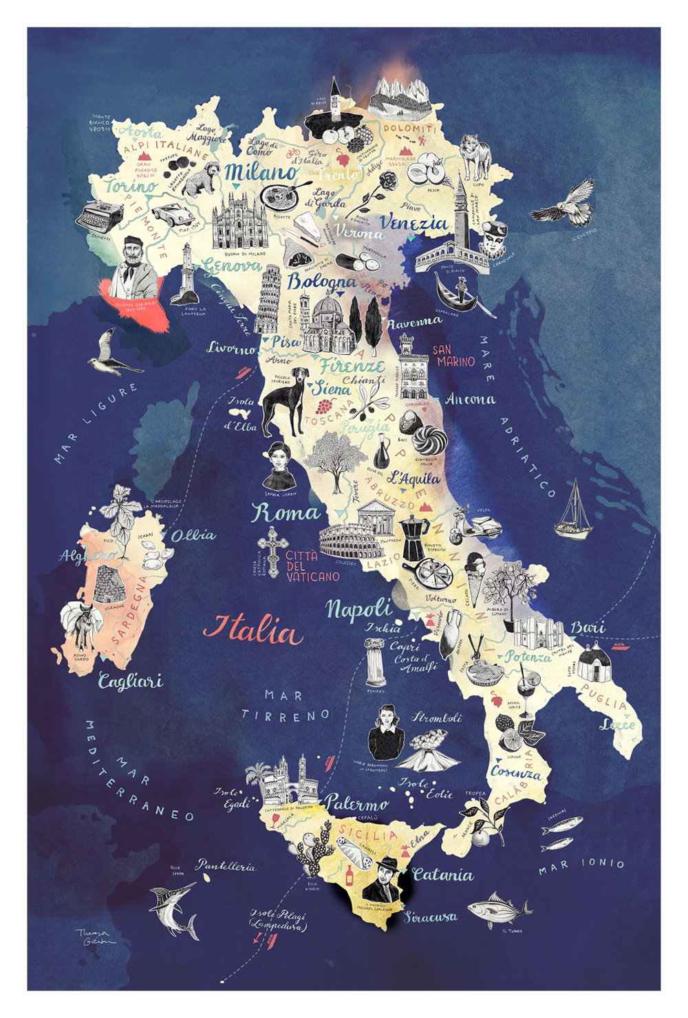 Italy Postcard, Hand Drawn Travel Map, Illustrated Mini Italy Print ...