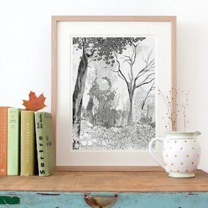Baum Zeichnung, Baum Kunstdruck, wunderschöne, detailverliebte Illustration von einem Wald, in schwarz und weiß, neuer Shop aus Berlin