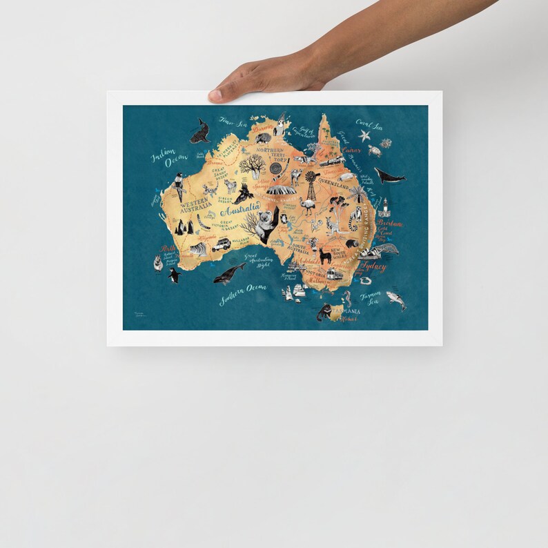 Framed Australia Map matte giclee print poster of Australian illustrated map in pretty oak frame, in white or wood color, ready to hang image 7