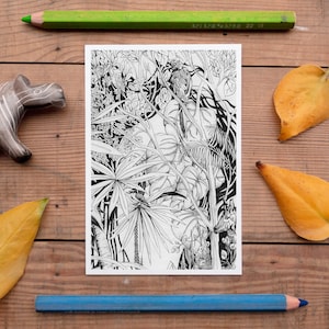 Carte postale de la jungle, décor de jungle, image d’oiseaux de la forêt tropicale, perroquet exotique, postcrossing, belle illustration au crayon, noir et blanc, nouveau