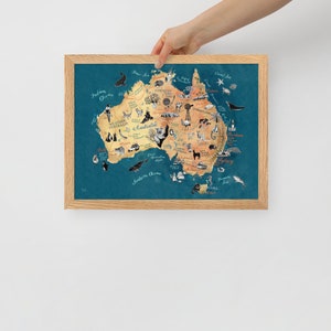 Framed Australia Map matte giclee print poster of Australian illustrated map in pretty oak frame, in white or wood color, ready to hang image 1