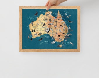 Carte de l'Australie encadrée – affiche mate en impression giclée de la carte illustrée de l'Australie ; dans un joli cadre en chêne, en blanc ou en couleur bois, prêt à accrocher