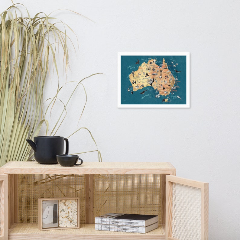 Framed Australia Map matte giclee print poster of Australian illustrated map in pretty oak frame, in white or wood color, ready to hang image 9