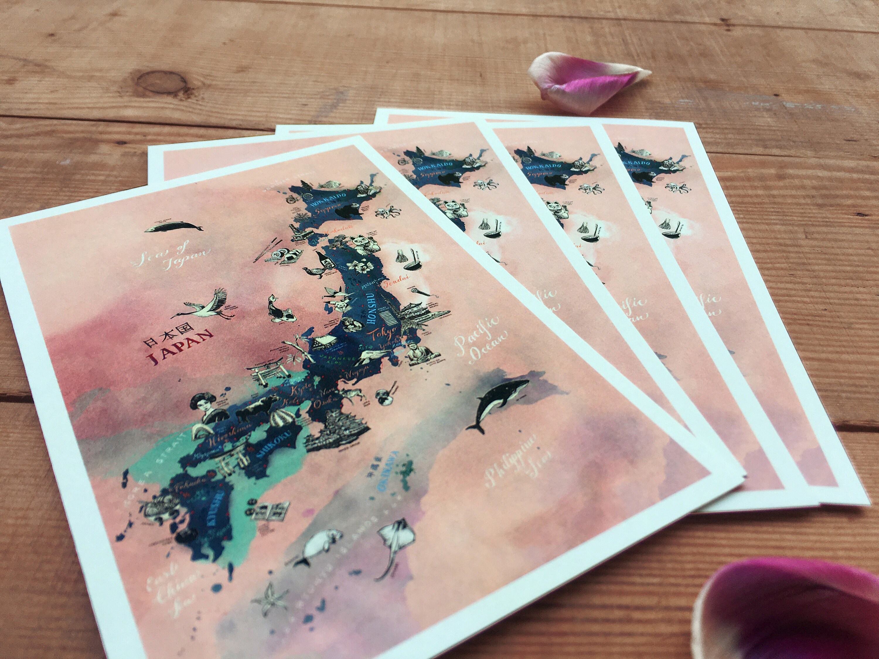 Japan Postcard, Hand Drawn Travel Map Card, Illustrated Mini Print