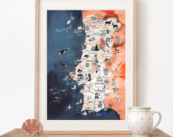 Carte du Portugal, affiche jet d'encre portugaise, impression d'art du Portugal, carte illustrée, illustration de voyage autour du monde de Lisbonne, idée cadeau, décoration de salon