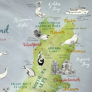 May include: A hand-drawn map of the South Island of New Zealand, featuring various landmarks and points of interest. The map is drawn in a whimsical style with colorful accents and includes text labels for each location. The map highlights the Southern Alps, Franz Josef Glacier, Nelson Lakes, Kaikoura, Pegasus Bay, Christchurch, and Akaroa.