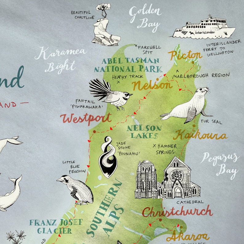 May include: A hand-drawn map of the South Island of New Zealand, featuring various landmarks and points of interest. The map is drawn in a whimsical style with colorful accents and includes text labels for each location. The map highlights the Southern Alps, Franz Josef Glacier, Nelson Lakes, Kaikoura, Pegasus Bay, Christchurch, and Akaroa.