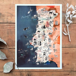 May include: A watercolor illustration of a map of Portugal with hand-drawn details and city names. The map is divided into two sections, one blue and one orange, with the Atlantic Ocean on the left and Spain on the right. The map includes cities like Lisbon, Porto, Coimbra, and Evora.
