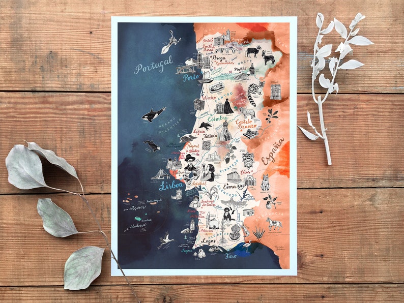 May include: A watercolor illustration of a map of Portugal with hand-drawn details and city names. The map is divided into two sections, one blue and one orange, with the Atlantic Ocean on the left and Spain on the right. The map includes cities like Lisbon, Porto, Coimbra, and Evora.