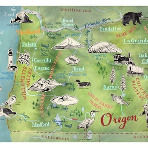 Oregon Postcard, hand drawn travel map, illustrated mini print, Oregon art, road trip map, going away gift, Pacific North West, postcrossing image 2
