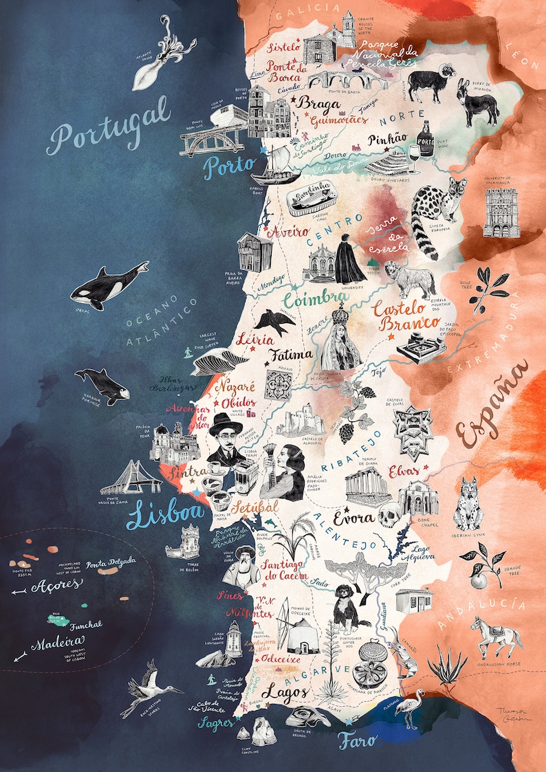 May include: A watercolor map of Portugal with hand-drawn illustrations of landmarks, animals, and plants. The map is divided into regions with names like Norte, Centro, Alentejo, Algarve, and Madeira. The map includes cities like Porto, Lisbon, Coimbra, and Faro.