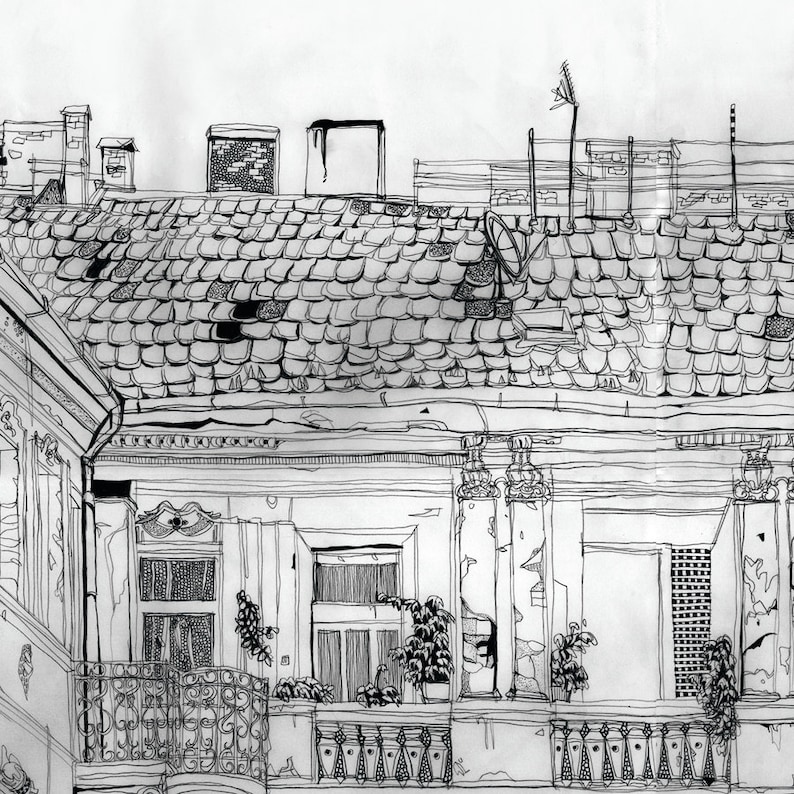 Budapest House Illustration, Panoramic Art Print, pencil drawing, Hungary poster, large living room art, black and white archival art print image 3