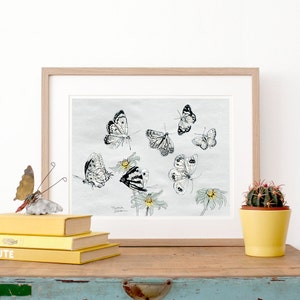 Butterflies Illustration, Fine Art Butterfly Print, illustration of NZ Butterflies by day, home decor, grey white black yellow, German Shop