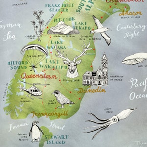 May include: A hand-drawn illustration of a map of New Zealand with various landmarks and animals. The map is drawn in a whimsical style with green and blue colors. The map includes the cities of Queenstown, Dunedin, and Invercargill. The map also includes landmarks such as Milford Sound, Lake Tekapo, and Franz Josef Glacier. The map also includes animals such as a sperm whale, a royal albatross, a kea parrot, a yellow-eyed penguin, a giant squid, and a blue whale.