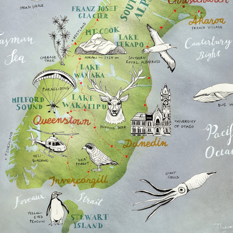 May include: A hand-drawn illustration of a map of New Zealand with various landmarks and animals. The map is drawn in a whimsical style with green and blue colors. The map includes the cities of Queenstown, Dunedin, and Invercargill. The map also includes landmarks such as Milford Sound, Lake Tekapo, and Franz Josef Glacier. The map also includes animals such as a sperm whale, a royal albatross, a kea parrot, a yellow-eyed penguin, a giant squid, and a blue whale.