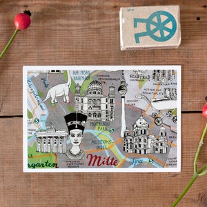 Carte postale Berlin Mitte, plan de la ville de Berlin, carte de voeux artistique dessinée à la main, jolie illustration de carte, pour la traversée, art urbain, nouvelle boutique allemande