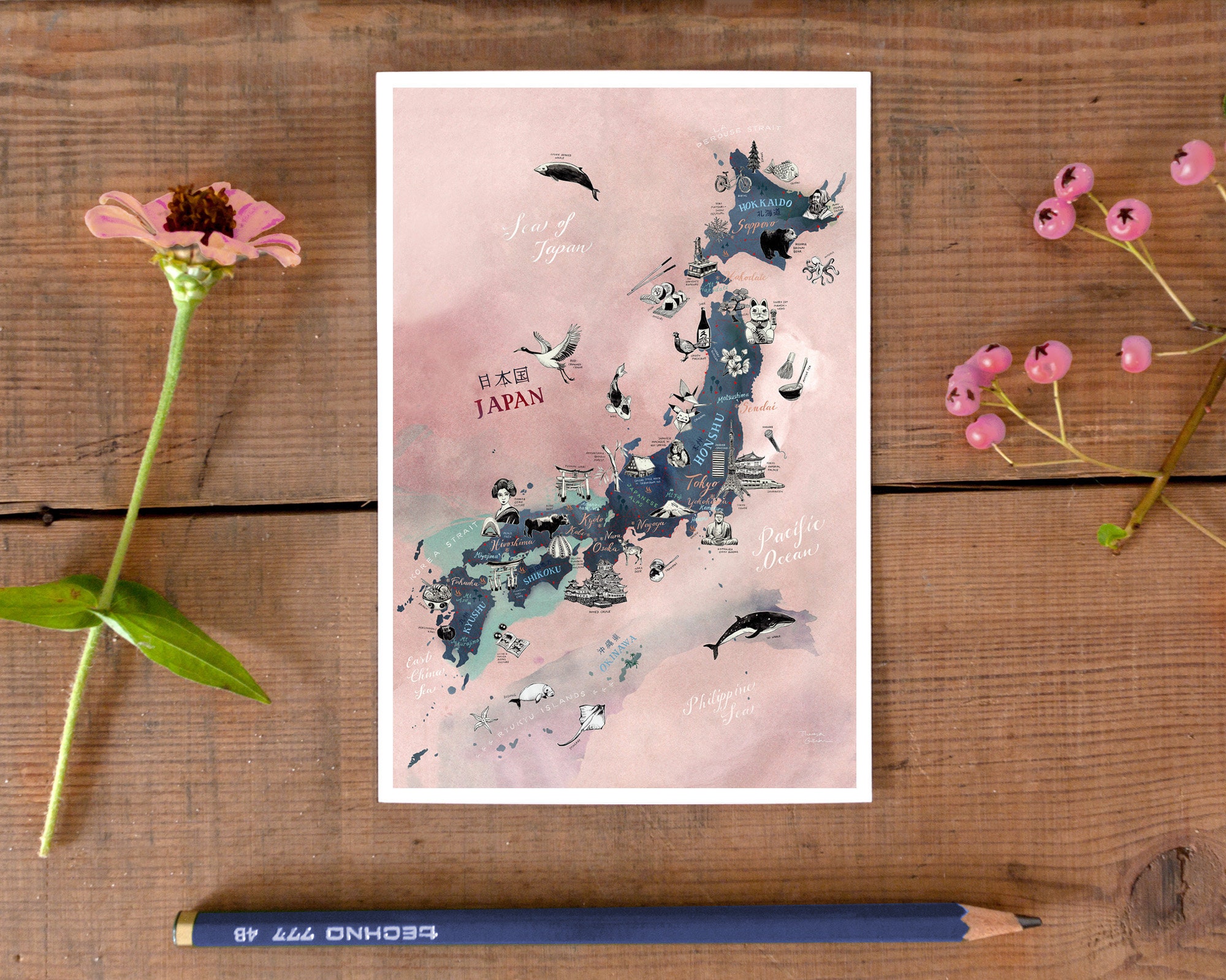 Japan Postcard, Hand Drawn Travel Map Card, Illustrated Mini Print