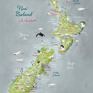 New Zealand Map, illustrated Map Art, Aotearoa Poster, New Zealand large art, NZ Giclee Print, living room art travel illustration, New Shop image 2