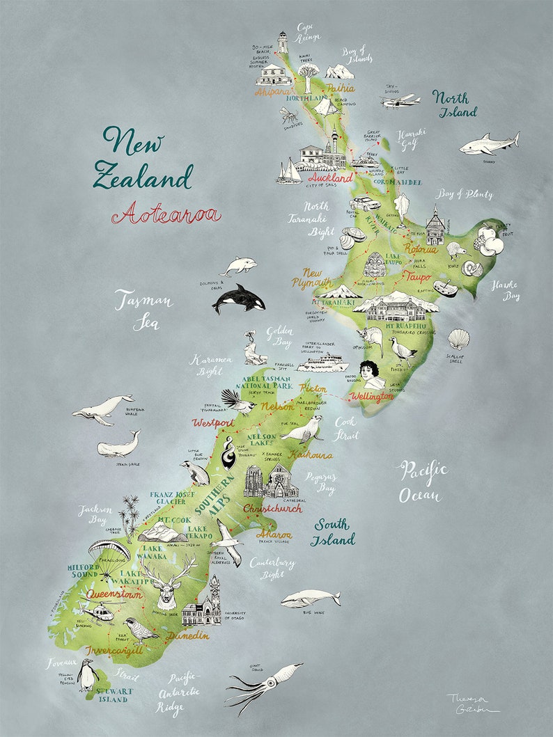 New Zealand Map, illustrated Map Art, Aotearoa Poster, New Zealand large art, NZ Giclee Print, living room art travel illustration, New Shop image 2