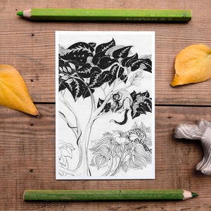 Carte postale de la jungle, décor de la jungle, carte postale exotique, photo de forêt tropicale, postcrossing, belle illustration de singe au crayon, noir et blanc, nouveau