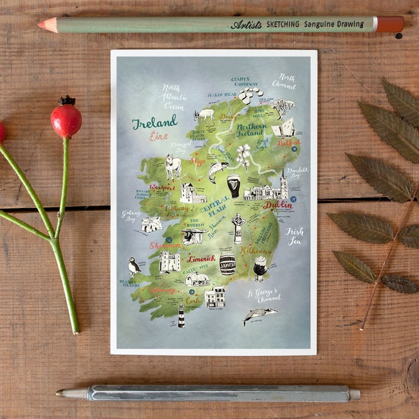 Postkarte Irland, wunderschöne Illustration, Irland Andenken, illustrierte irische Landkarte, Road Trip Mini-Print, in grün, blau, rot, neu