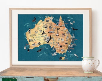 Carte de l'Australie, impression d'art australienne grande taille, carte illustrée, affiche d'illustration de voyage en Australie, cadeau, impression jet d'encre, oeuvre d'art pour le salon, neuf