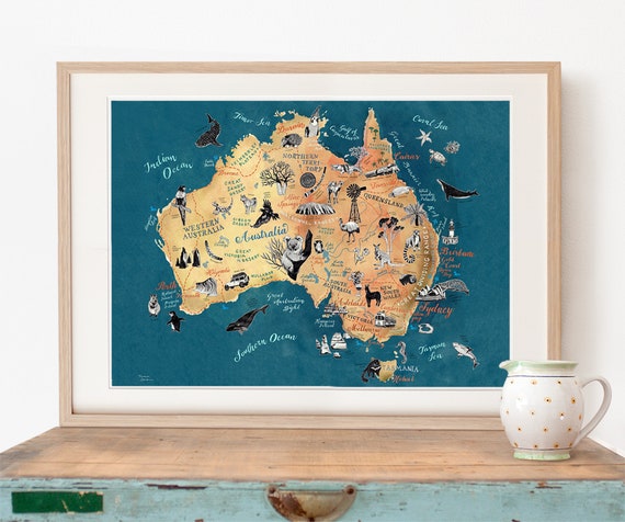 オーストラリア地図、大型オーストラリアアートプリント、イラスト入り