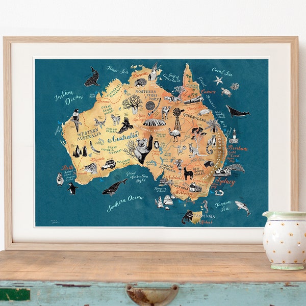 Illustrierte Landkarte Australien, Großformat Aussie Kunstdruck Poster, Australien Outback Reise-Illustration, Aussie Geschenk Souvenir, neu