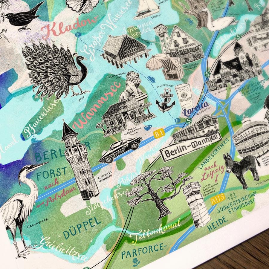 Berlin Wannsee Map, Berlin Zehlendorf Art Print Illustrated Map