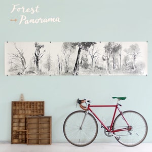 Forest Panorama Giclée Print, Black & White Pencil Illustration, Nordic Wall Art