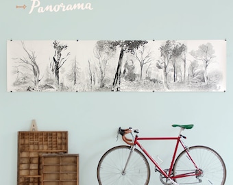 Panorama of Forest, Large Art, Giclée Print, beautiful pencil illustration, forest mural, nordic living room art, black & white, German Shop