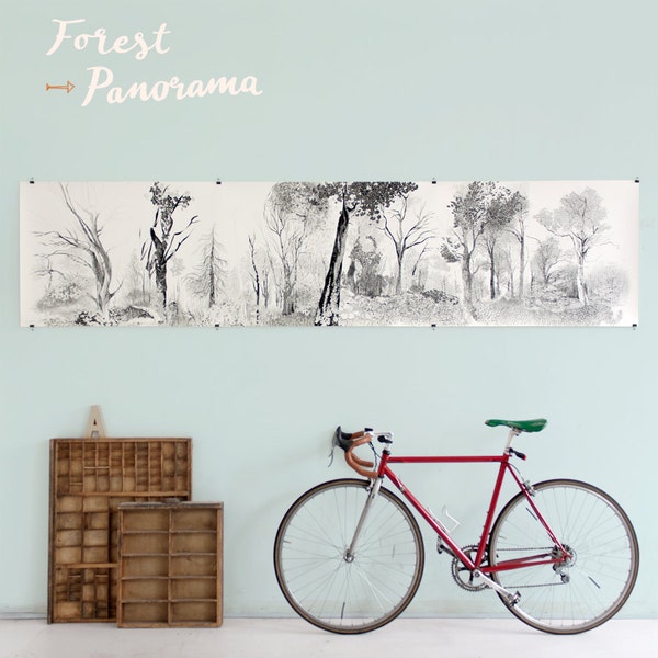 Forest Panorama Giclée Print, Black & White Pencil Illustration, Nordic Wall Art