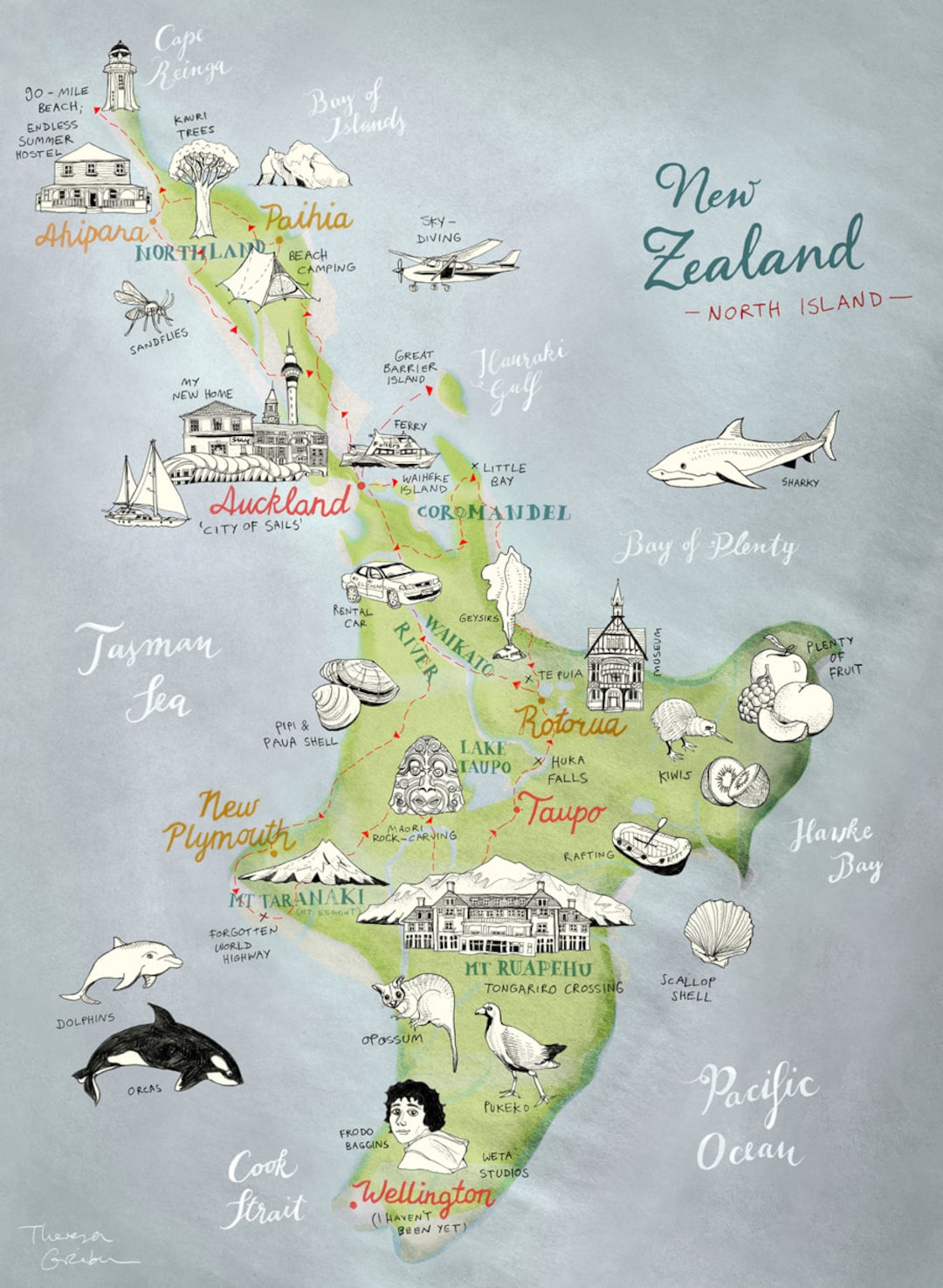 Large Print New Zealand Map of North Island, Giclee Art Print, Lovely