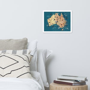 Framed Australia Map matte giclee print poster of Australian illustrated map in pretty oak frame, in white or wood color, ready to hang image 8