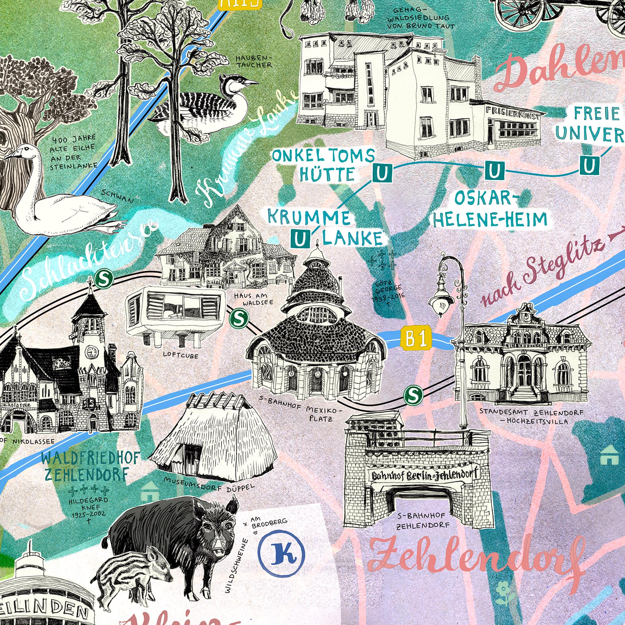 Berlin Wannsee Map, Berlin Zehlendorf Art Print Illustrated Map