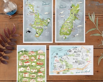 4 Postcard Set, Maps of New Zealand, New Zealand Art, Kiwiana, beautiful illustration NZ travel, graphic set, green, red, blue, German Shop