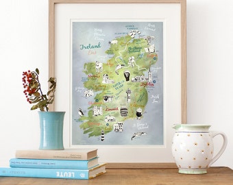 Ireland Map, Art Print size A4 &30x40cm, illustrated map Ireland, Eire art poster, Irish map, travel illustration gift idea, giclee print