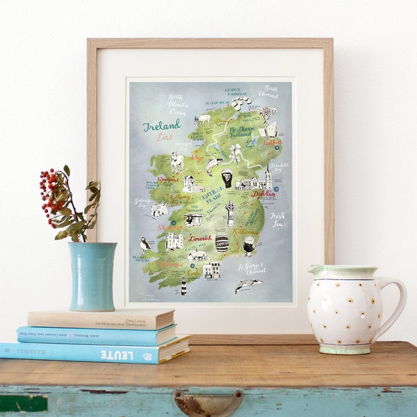Carte de l'Irlande, impression d'art, carte illustrée de l'Irlande, affiche de l'Irlande, art de l'Irlande, carte de l'Irlande, illustration de voyage, cadeau d'adieu, impression jet d'encre