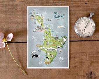 Postcard New Zealand, North Island, hand drawn map, pretty illustrated postcard, illustrated map, farewell card, travel memory, German Shop