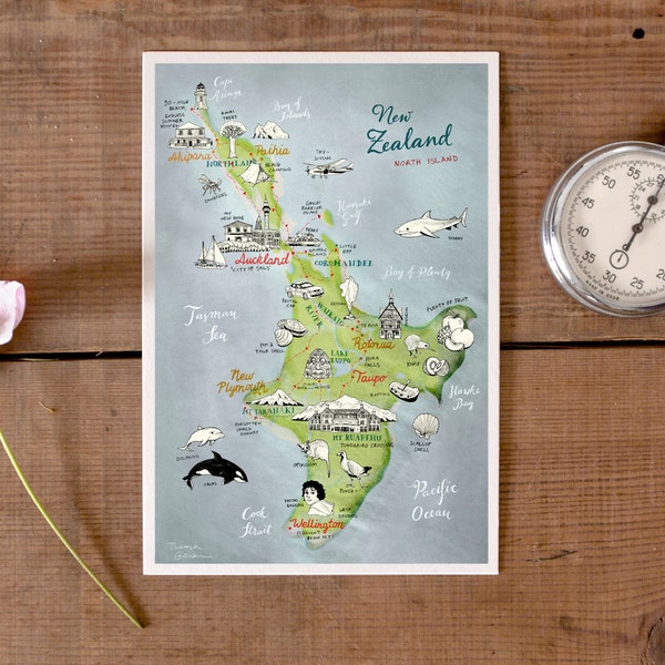 Postkarte Neuseeland Nordinsel, wunderschöne Illustration, Neuseeland Andenken, illustrierte Landkarte, Road Trip Postkarte, neuer Shop