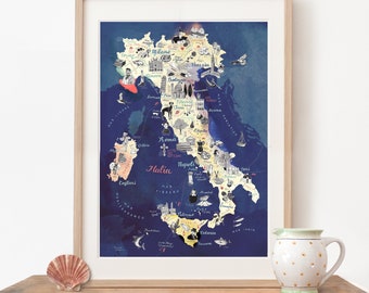 Italy Map, Italian giclee poster, Italia Art Print, illustrated map, Roma world travel illustration, gift idea, living room decor