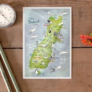 Postcard New Zealand, South Island, hand drawn map, pretty illustrated postcard, illustrated road trip going away travel memory, German Shop