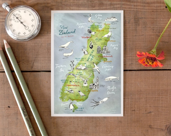 New Zealand South Island Postcard, Hand Drawn Travel Map