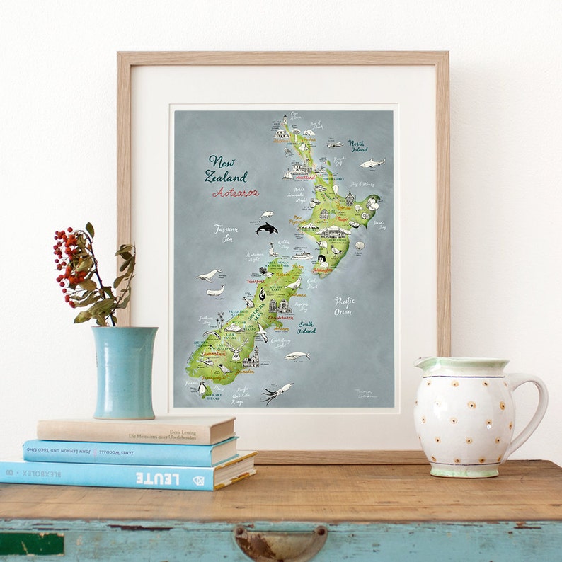 New Zealand Map, illustrated Map Art, Aotearoa Poster, New Zealand large art, NZ Giclee Print, living room art travel illustration, New Shop 30 x40 cm