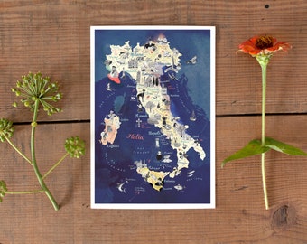 Italy Postcard, hand drawn travel map, illustrated map postcard, Italian road trip art, gift greeting card, South Europe postcrossing, new