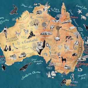 Australia Map, Australian Art Print, illustrated map, Aussie travel illustration poster, farewell gift, giclee print, living room art,new image 1