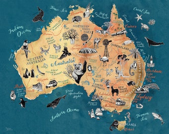 Carte de l'Australie, impression d'art australienne, carte illustrée, affiche d'illustration de voyage en Australie, cadeau d'adieu, impression jet d'encre, oeuvre d'art pour le salon, neuf