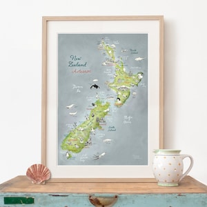 Large Art New Zealand, New Zealand Map, Aotearoa, Giclee Print, New Zealand Poster, travel illustration, farewell gift, in green, blue, red image 1