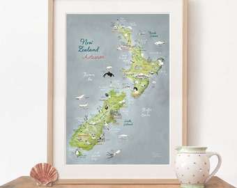 Large Art New Zealand, New Zealand Map, Aotearoa, Giclee Print, New Zealand Poster, travel illustration, farewell gift, in green, blue, red